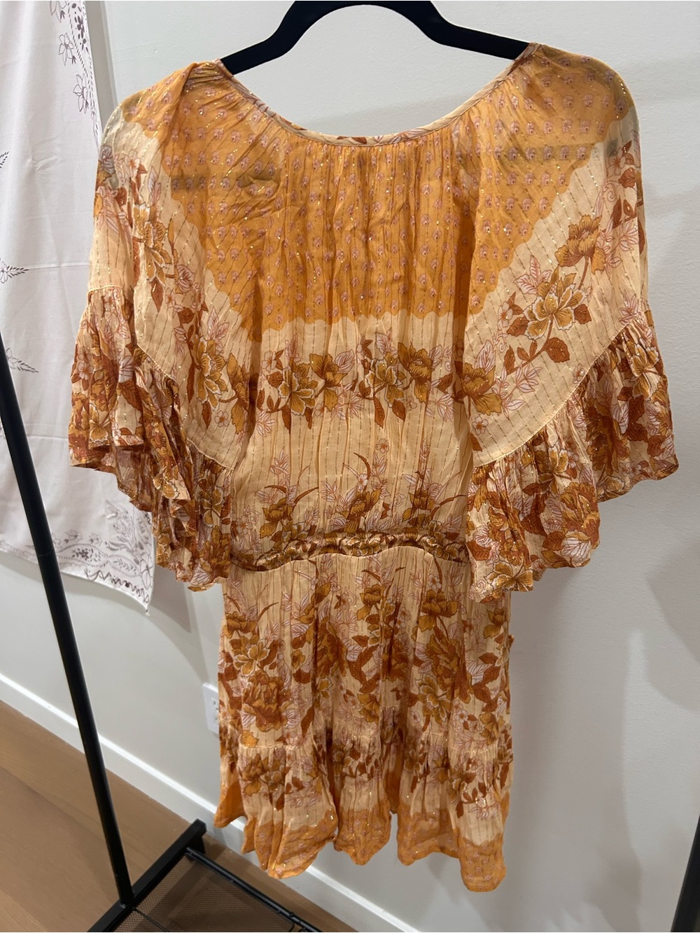 Spell & The Gypsy Ophelia Mini Dress Mustard Floral Metallic Stripe Size M - Picture 9 of 10